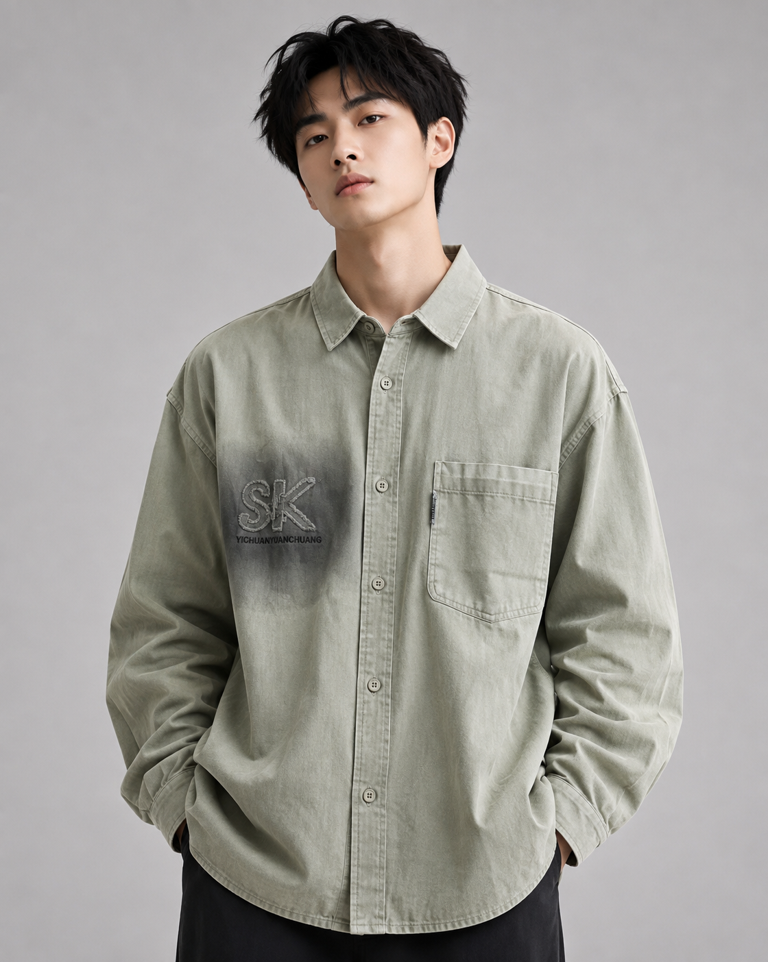 Men's Washed Embroidered Casual Shirt