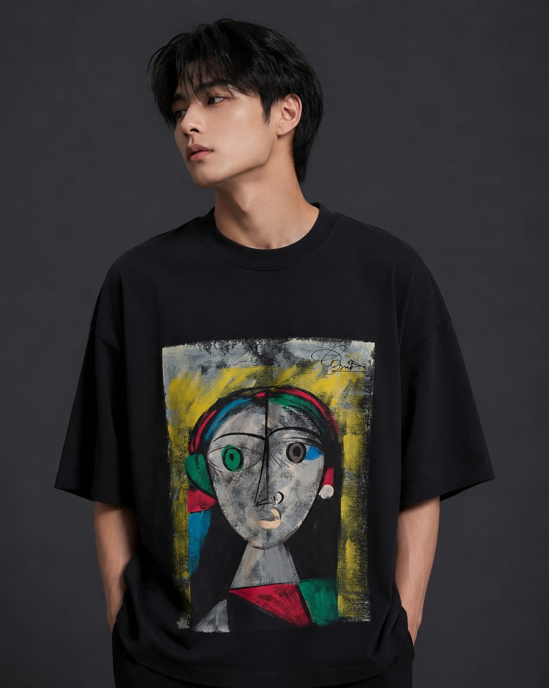 Men's Oversized Printed Black Cotton Tee